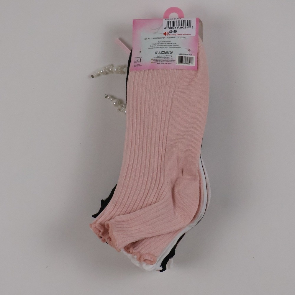 LFH Ankle Socks 6 Pack Lettuce Edge Ruffle Pearl Charm Black Pink White NWT - Picture 2 of 2
